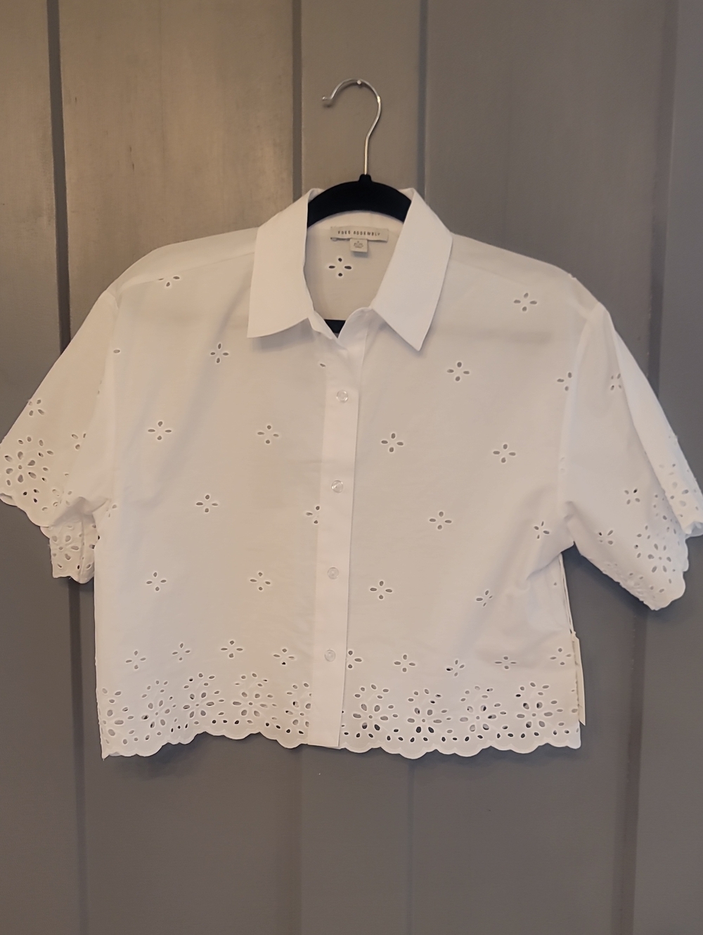 Free Assembly White Eyelet Button-Front Cropped Top
